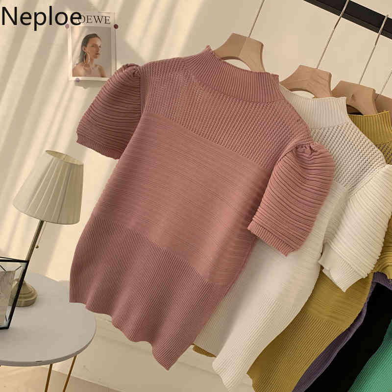 Neploe Women Pullovers Half Turtleneck Knitted Sweater Summer Puff Short Sleeve Solid Jumper Shirts Korean Hollow Out Slim Top 210422
