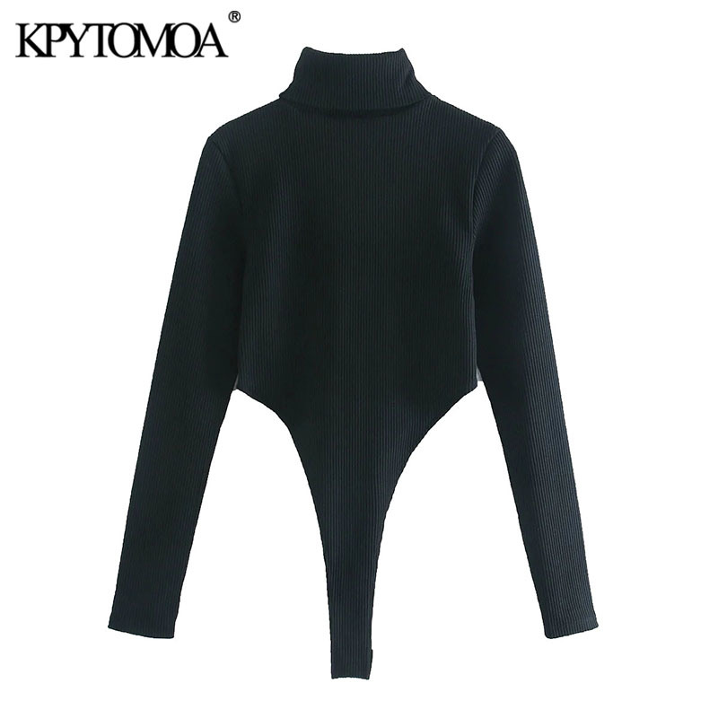 Women Sexy Fashion Hollow Out Ribbed Bodysuits Vintage High Neck Long Sleeve Female Playsuits Chic Tops 210416
