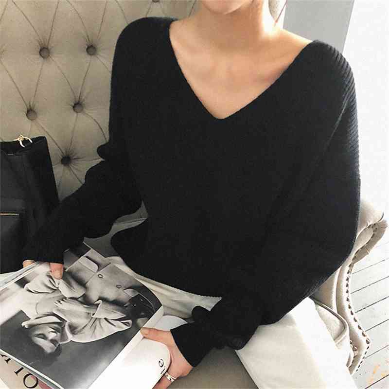 Korean Solid V-neck Pullover Sweater Women Winter Long Sleeve Fashion Loose Ladies Female Tops Jumpers Femme 210514