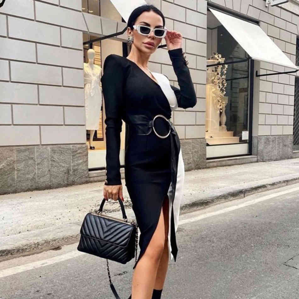 Winter Women Long Sleeve V Neck Bandage Dress Sexy Patchwork Sashes Button Midi Club Celebrity Runway Party 210423