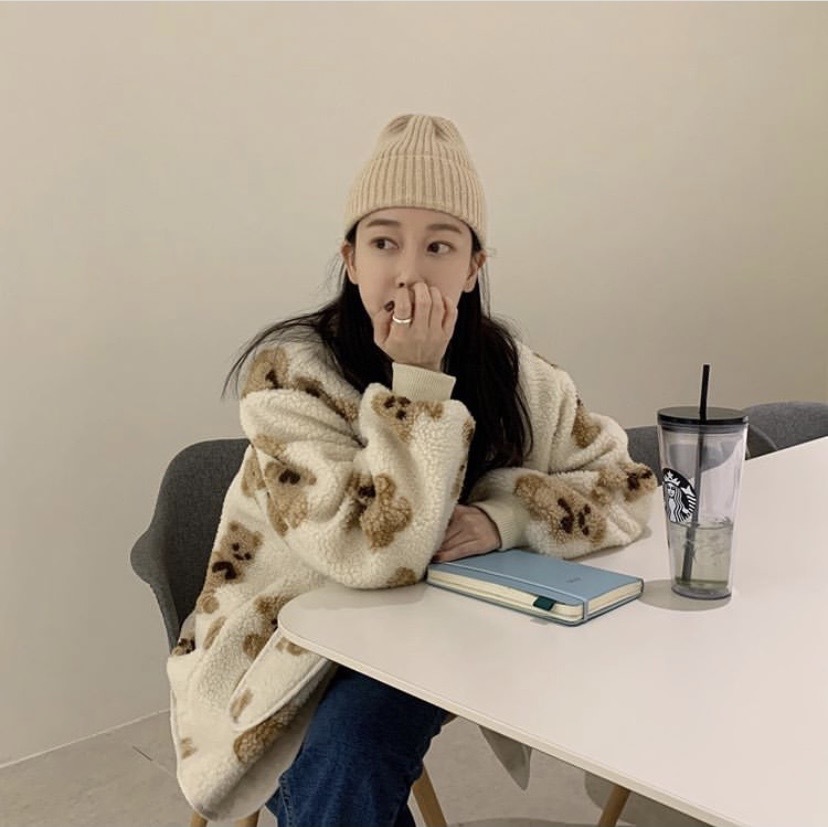 Nomikuma Korean Cartoon Bear Women Coat Causal Faux Lambswool Winter Warm Jacket New Long Sleeve V-neck Outerwear 6D550 210427