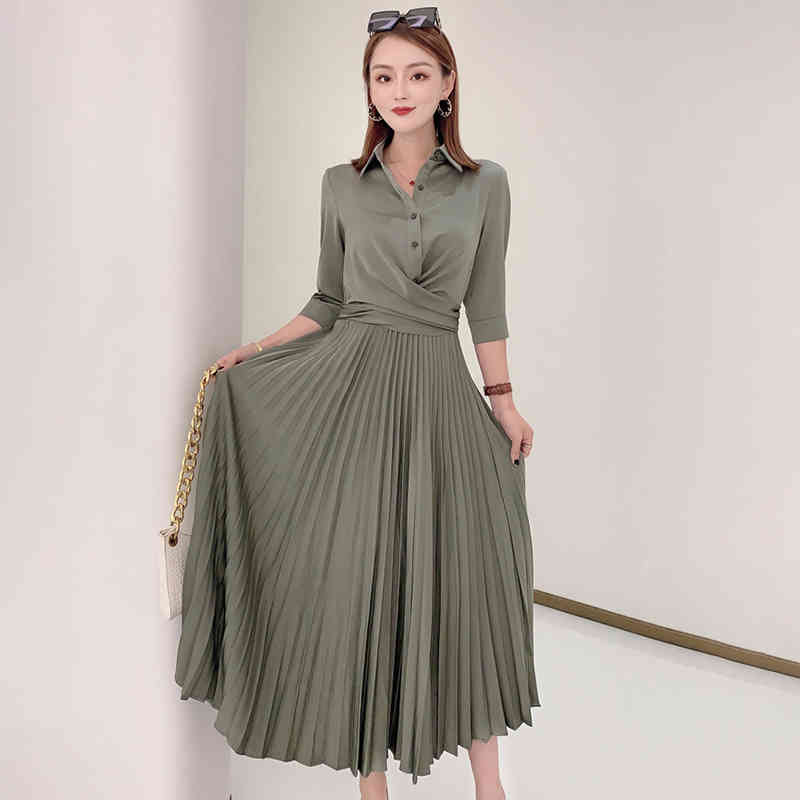 VGH Vintage Pink Shirt Dress For Women Lapel High Waist Pleated Elegant Midi Dresses Female Fashion New Clothing Spring Style 210421