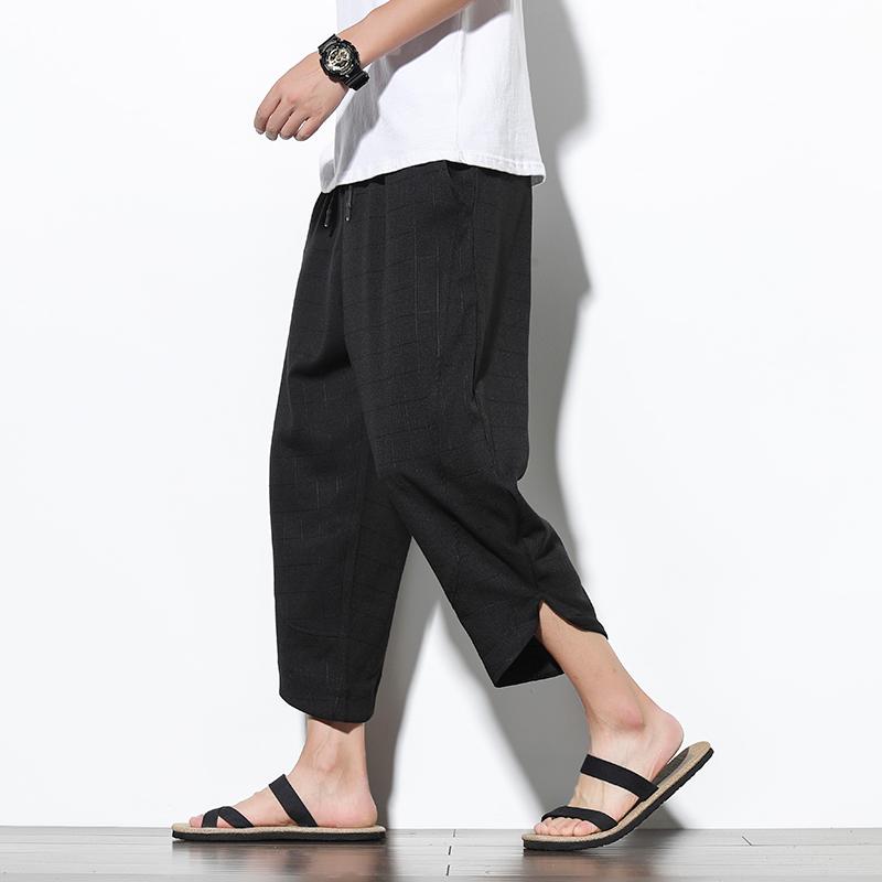 Ankle-Length Cotton Linen Plaid Pants Men Trousers Hip Hop Jogger Sweatpants Streetwear Harem Men's