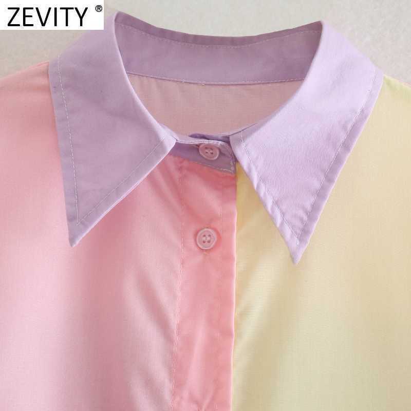 Zevity Women Sweet Candy Color Patchwork Oversize Shirts Female Long Sleeve Single Pocket Blouse Roupas Chic Blusas Tops LS9406 210603