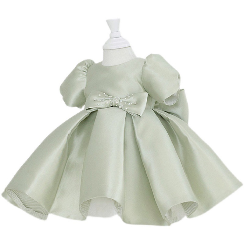 Cute Jewel Handmade Flower Girls Dresses Bow Belt Bead Princess Kids Floor Length Bridesmaid Dress Girl Pageant Ball Gown