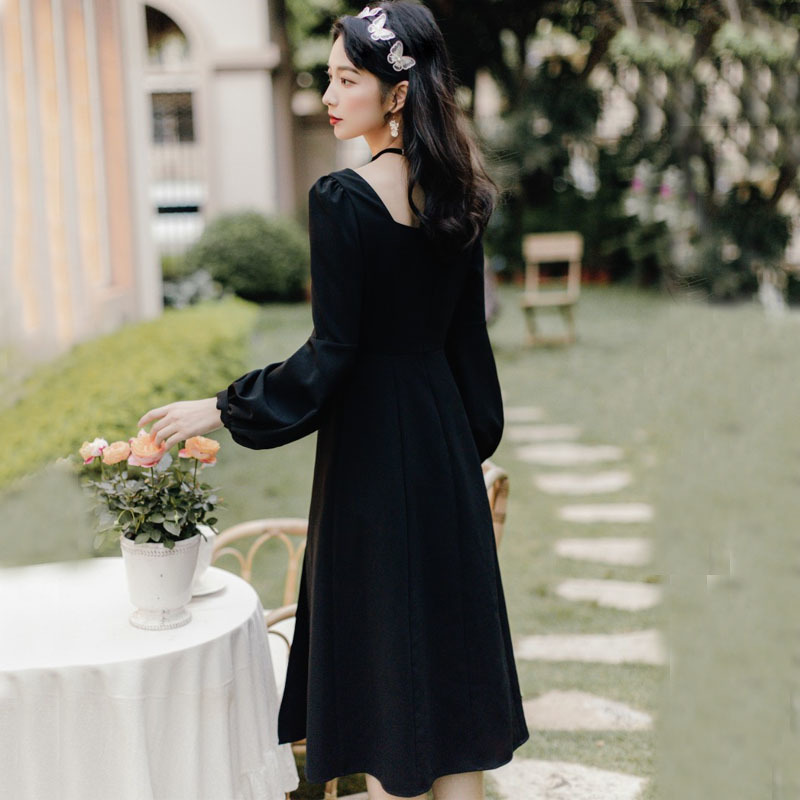French Retro Chiffon Dress Women Black Square Collar Temperament Puff Long Sleeves Waist-length Clothing for Ladies 13234 210427