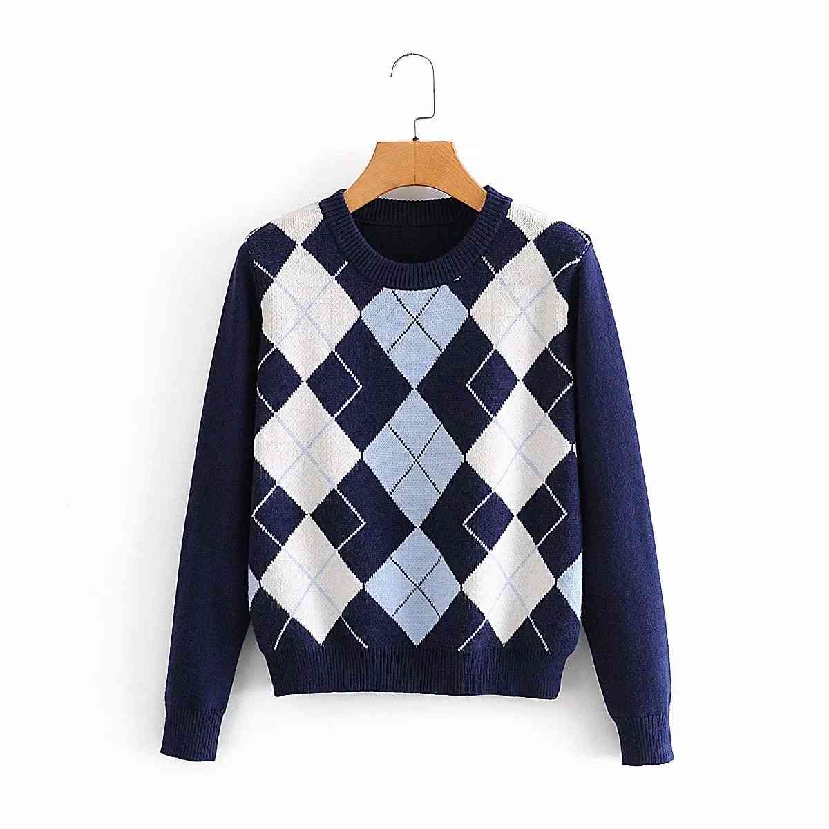 Women sweater pullover autumn diamond-shaped lattice women ladies chic cute top 210521