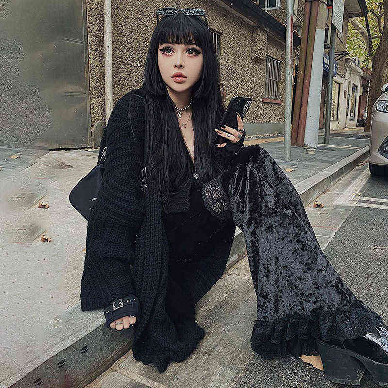 Sexy Fashion Patchwork Lace Solid Flare Pants Women Gothic Dark High Waist Loose Trousers Street Suede 211115