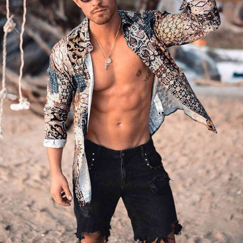 Spring and Autumn Men's Printed Casual Long Sleeves Shirt 210410