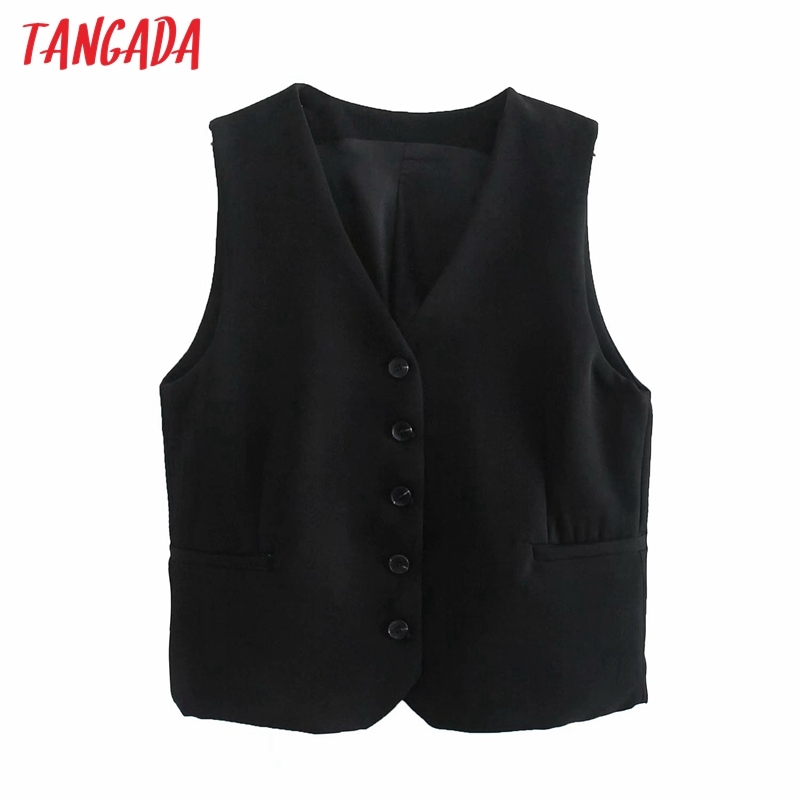 Women Black Short Vest Jacket Office Ladies Wear Casual Suit Waistcoat Pockets Outwear Tops QD08 210416