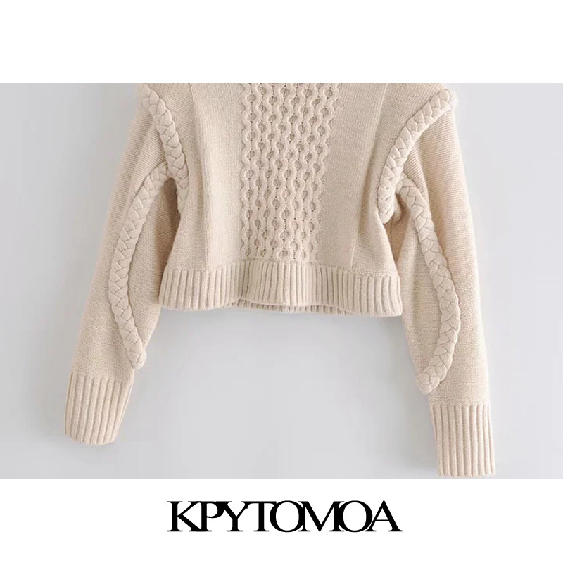 Women Fashion With Shoulder Pads Cropped Cable-knit Sweater O Neck Long Sleeve Female Pullovers Chic Tops 210420
