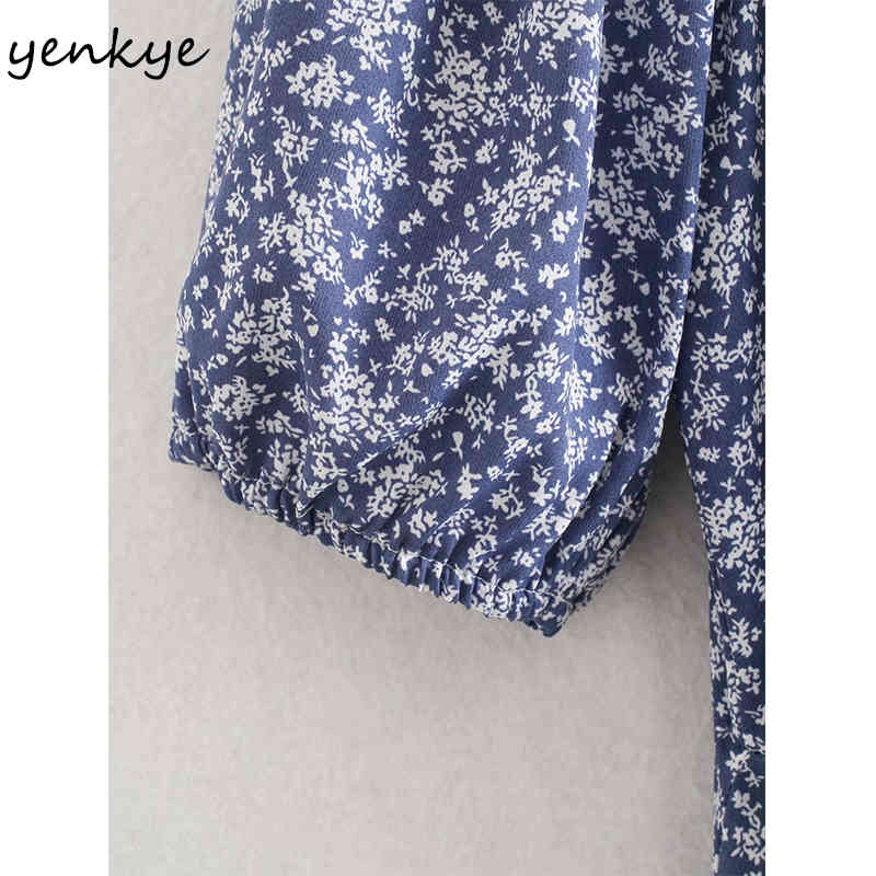 YENKYE Blue Floral Print Dress Women Sexy Drawstring V Neck Short Sleeve Vestido Mujer A-line Mini Holiday Summer Dress 210515