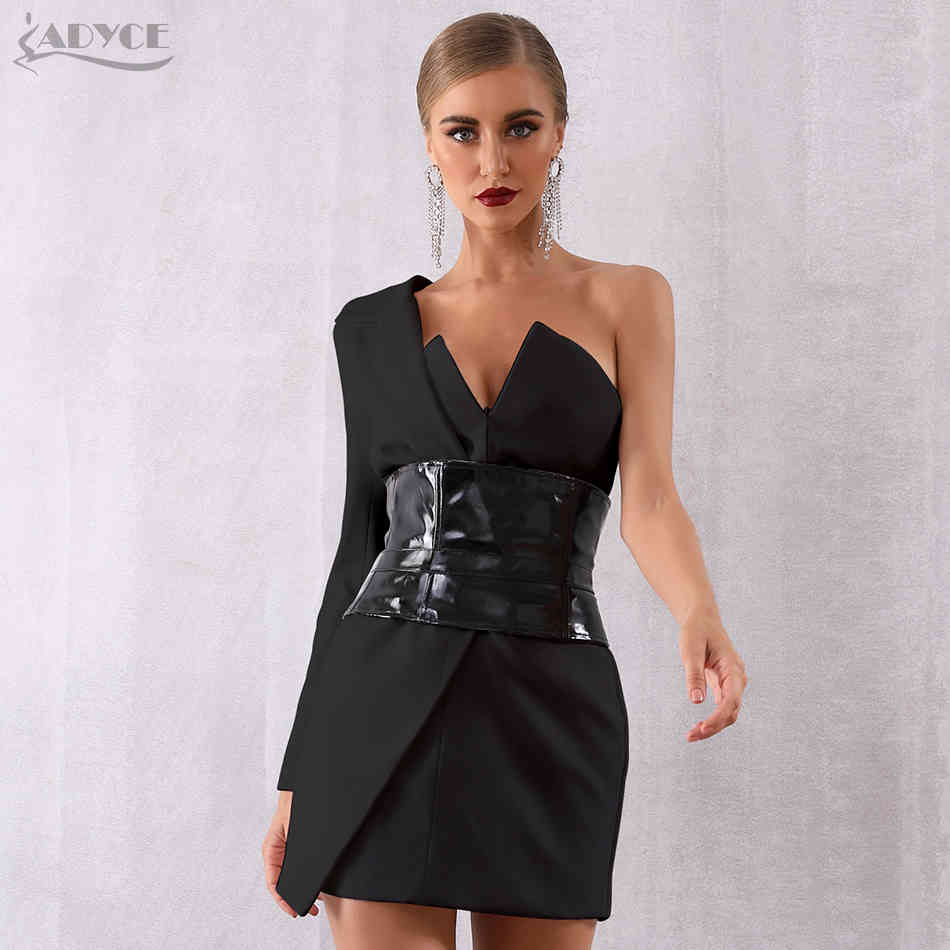 Autumn Women One Shoulder Bandage Dress Sexy V Neck Sash Bodycon Club Vestido Celebrity Evening Party 210423