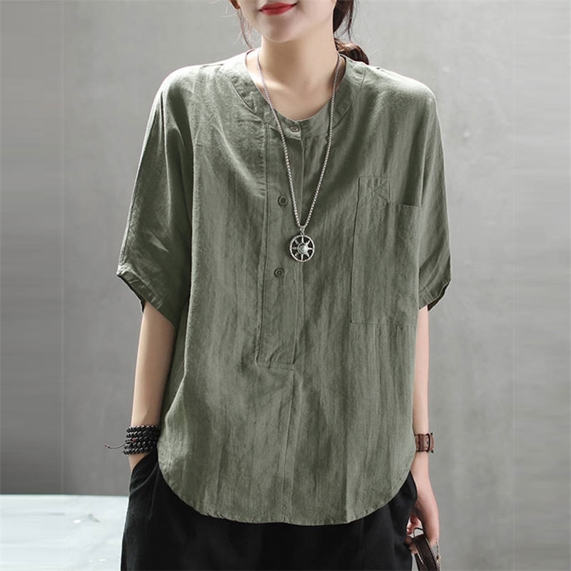Summer Women Shirts Plus Size Loose O-neck Casual Ladies Tops Batwing Sleeve Cotton Linen Lady Vintga Blouse D5 210512
