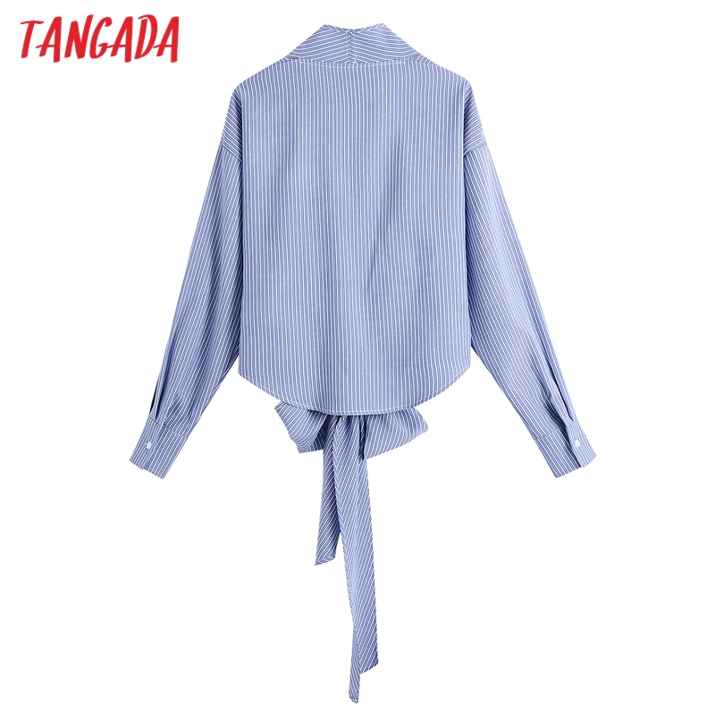Women Blue Striped Tie Bow Shirt Vintage V Neck Long Sleeve Female Shirts Blusas Chic Tops BE500 210416