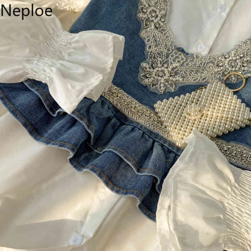 Neploe Ropa De Mujer Denim Vest High Street Suit Female Spring Fashion White Shirt Dress Long Sleeve Two Piece Set Women 210422