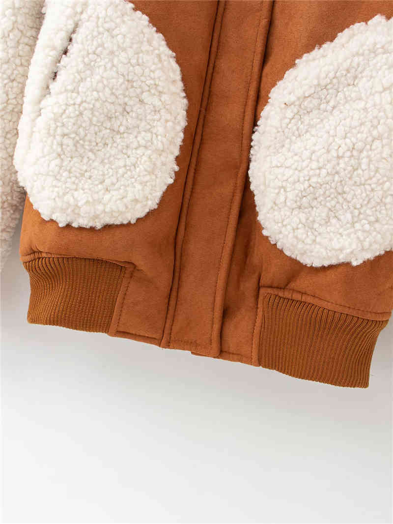 fashion women grain cashmere patchwork jacket streetwear lady turn down collar outerwear causal female pocket 210430