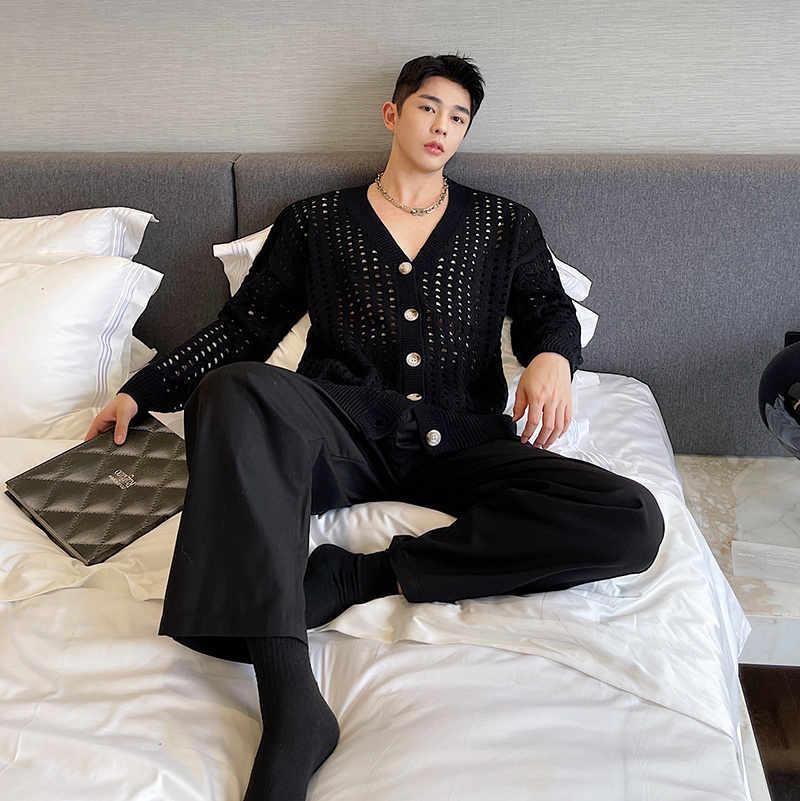 IEFB Men's Thin Hollow Out Sweater Cardigan Coat Man Women Korean Spring Summer Streetwear Vintage Knitwear V-neck Tops 210524