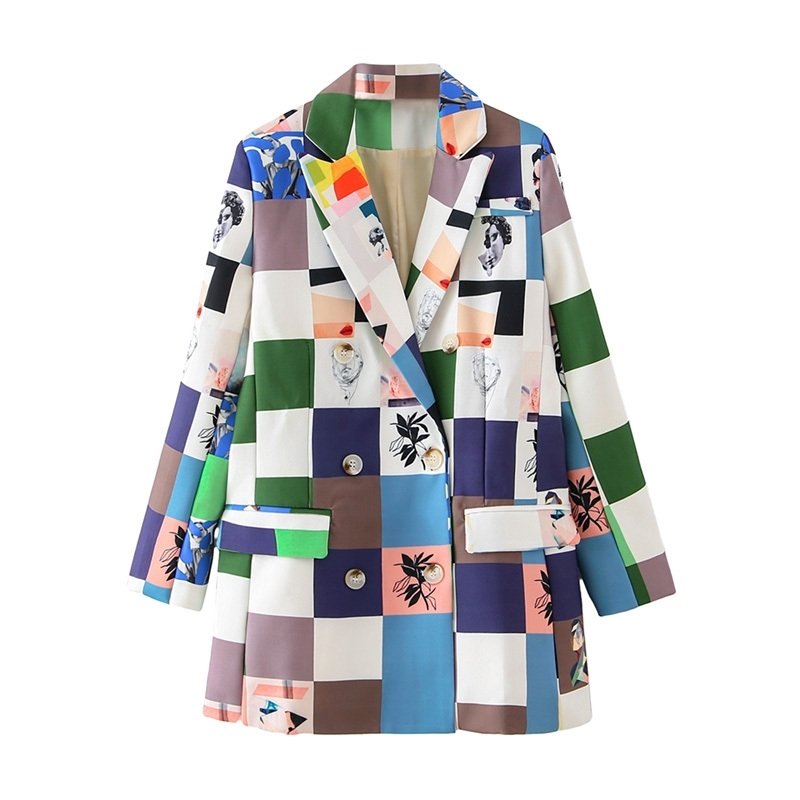 fashion women button blazer elegant autumn pocket jackets casual female print plaid long suits girls chic sets 210430