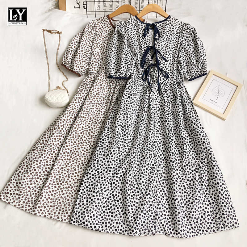 LY VAREY LIN Summer Women Sweet High Waist Bandage A-line Medium Length Dress Casual O-neck Puff Sleeve Floral Dresses 210526