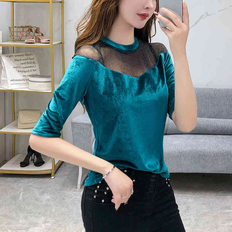 Fashion women Spring Mesh Hollow Solid Sexy Middle Sleeve Female O-Neck Bottom Women Shirt Tops and Blouses 210510