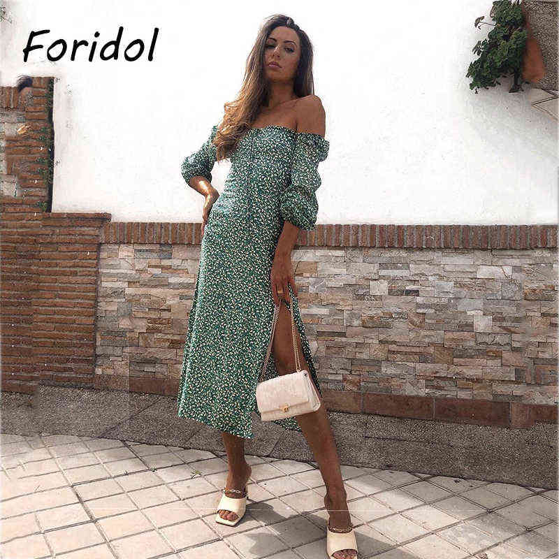 Spring Vintage Long Sleeve Green Floral Dress Women Autumn Winter Slit Long Maxi Dress Leaf Print Boho Dress Vestidos Black 211029