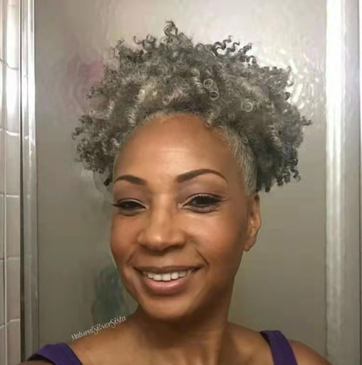 Real human hair gray ponytail kinky curly drawstring clip in silver grey afro pony tail puff salt and pepper hairpiece 120g