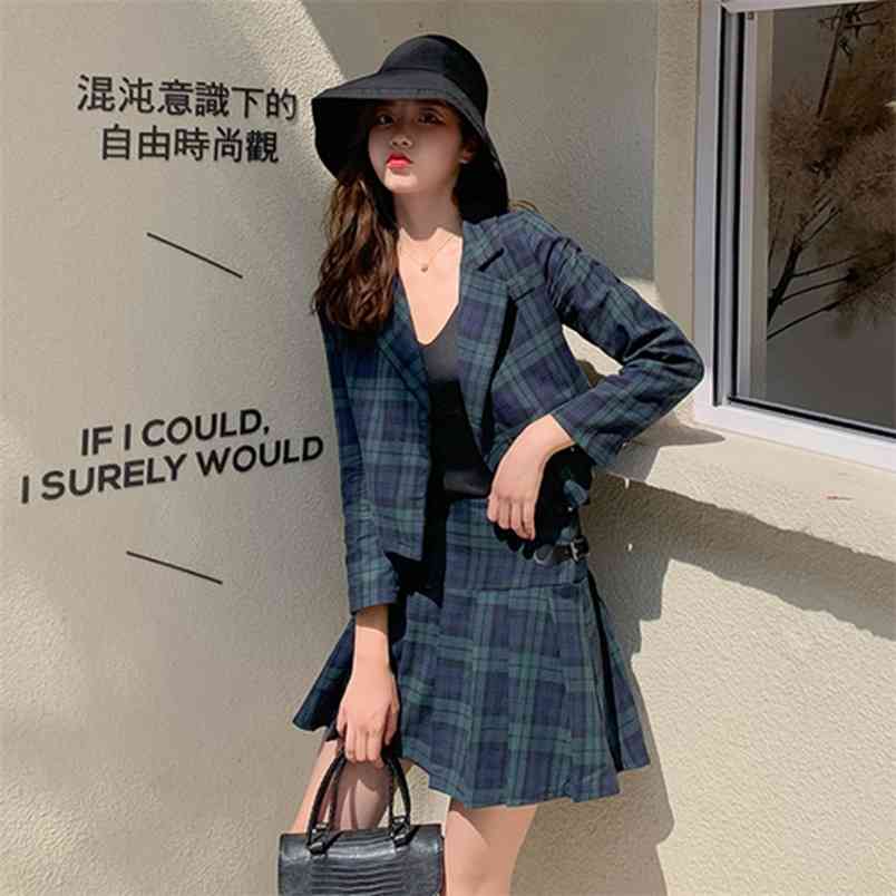 Arrival Autumn England Style Women Long Sleeve Plaid Jacket Blazer+high Waist Pleated Mini Skirt Two Piece Set Suits D534 210512