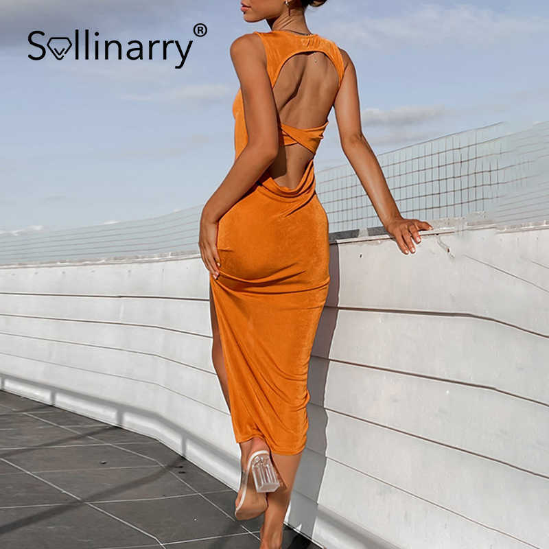Sollinarry Solid O-neck Straight Vestidos Sexy Backless Slim Sleeveless Women Dress Summer Midi Party Slit Bodycon Dress 210709