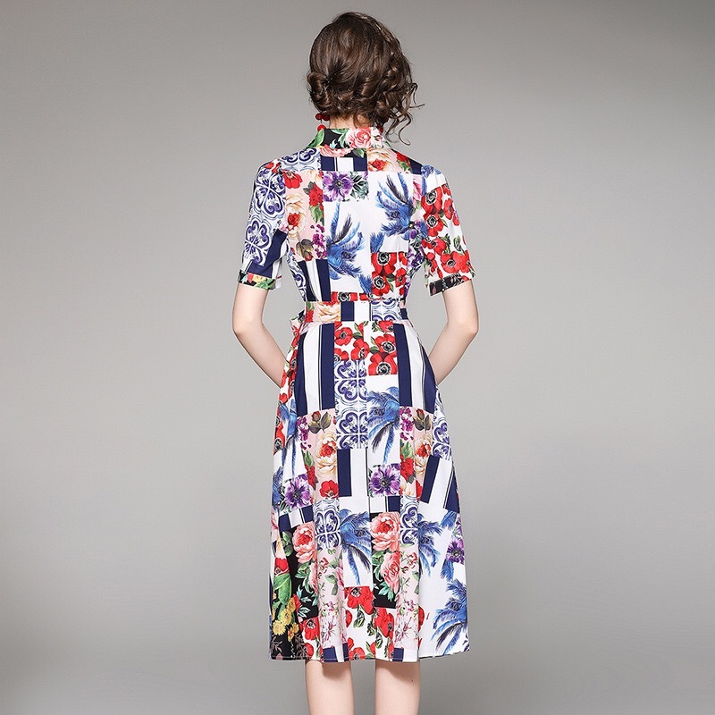 dresses for women vintage printed single breasted midi casual Summer Dress Short Sleeve Ladies Midi Vestidos z 210421