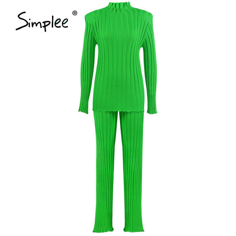 Vintage green turtleneck long sleeves knitted pant set High street winter two-piece set Female shoulder pads suit 211007