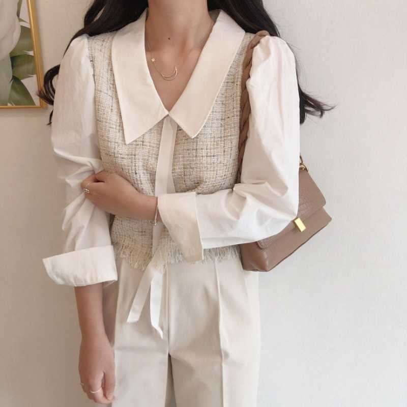 Women Patchwork Tweed Blouse Female Chiffon Long Puff Sleeve Peter Pan Collar Vintage Shirts Woman Casual Short Top 210526, Photo color
Women Patchwork Tweed Blouse Female Chiffon Long Puff Sleeve Peter Pan Collar Vintage Shirts Woman Casual Short Top 210526, Photo color