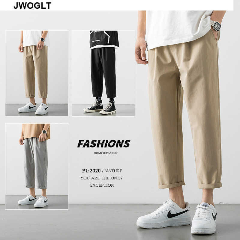 Summer Korean Fashion Mens Pants Streetwear Hipster Black Khaki Gray Drawstring Waist Straight Ankle-Length Trousers 210528