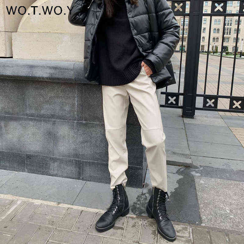 WOTWOY Drawstring High Waist Loose Leather Pants Women Autumn Winter Full Length Casual Straight Trousers Female Black 211115