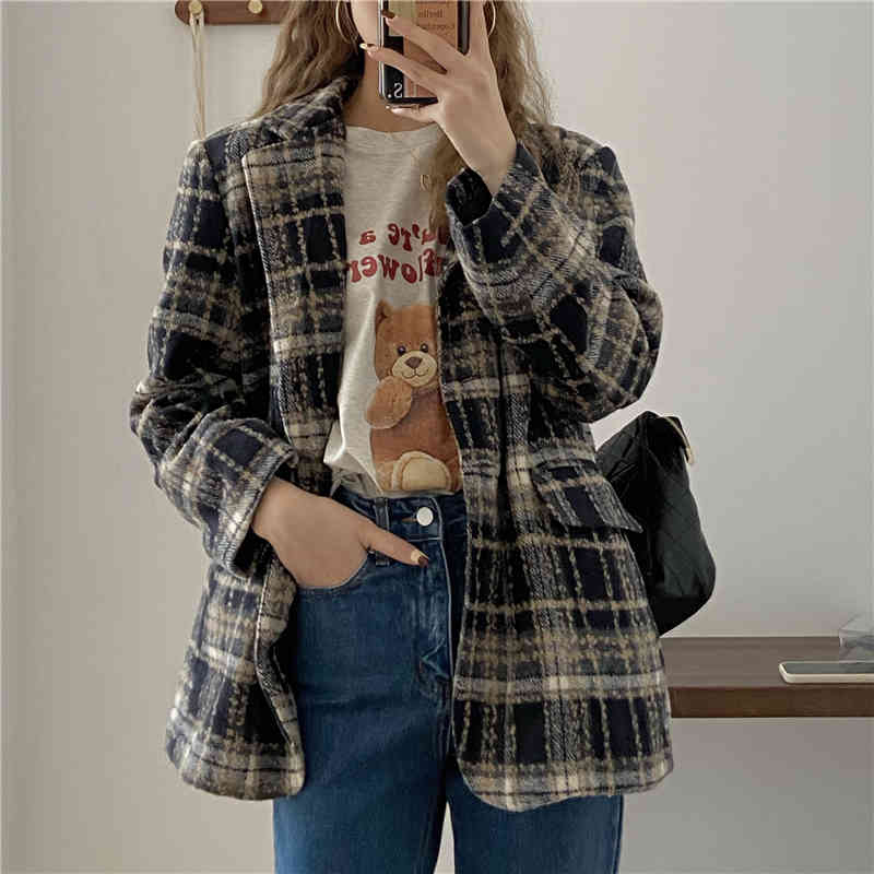 Plaid Office Lady Color-Hit Coats Stylish Women Arrival All Match OL Streetwear High Quality Jackets Blazers 210421