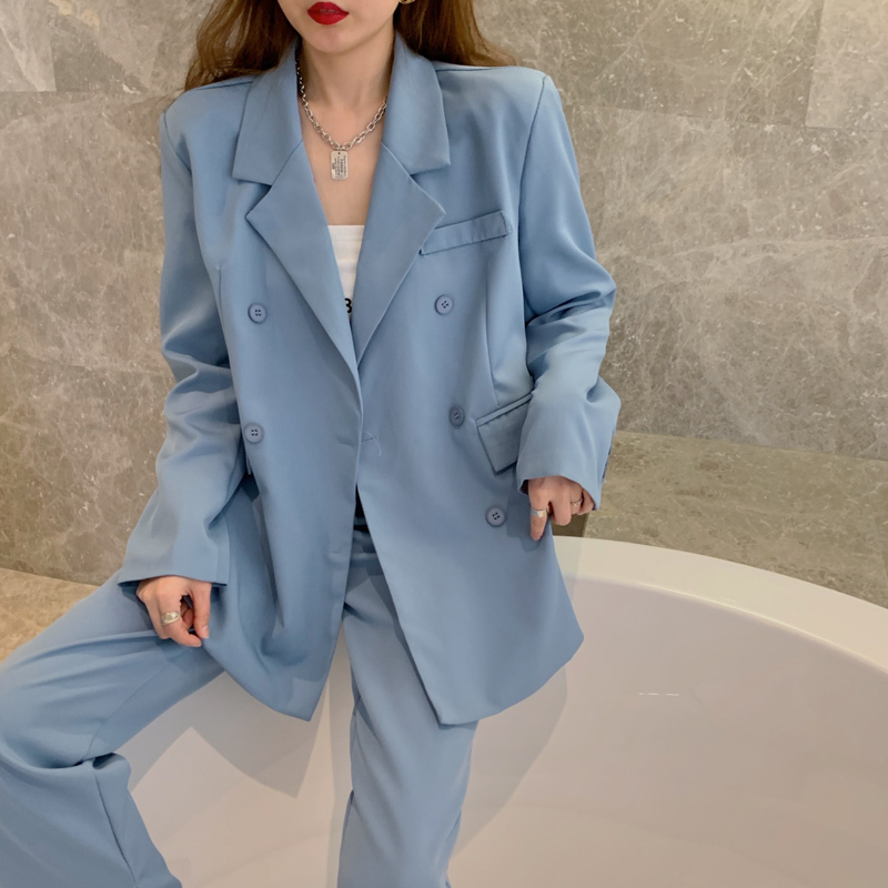 All Match OL Solid Women Retro Elegant Office Lady Blazers+ Loose Vintage Straight Trouser Suits 2 Piece Sets 210421
