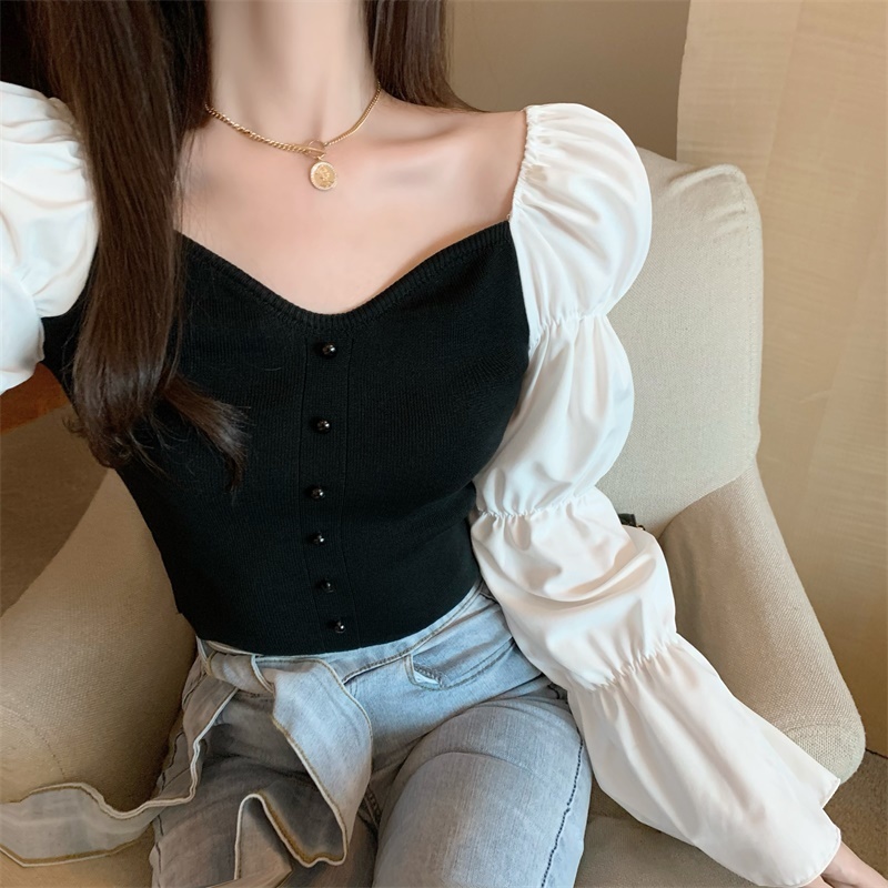 Sexy Tops Woman Sweaters Slash Neck Spring Patchwork Mujer Sueteres Short Slim Ins Pull Femme Clothes 19418 210415