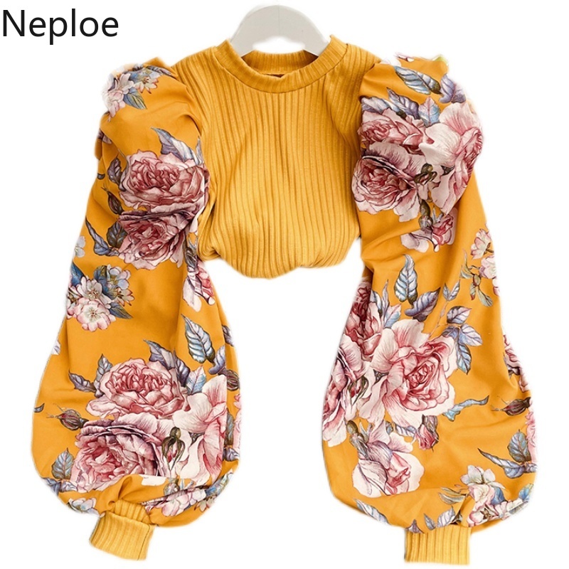 Neploe Women Blouses Vintage Print Blouse Lantern Sleeve Patchwork Temperament Shirt O Neck All Match Slim Tops Blusas Mujer 210422