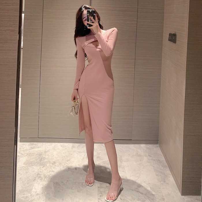 WOMENGAGA Autumn Sexy Night Show Goddess Hollowed Out Slit Slim Dres Body Dresses Robe 2PSN 210603