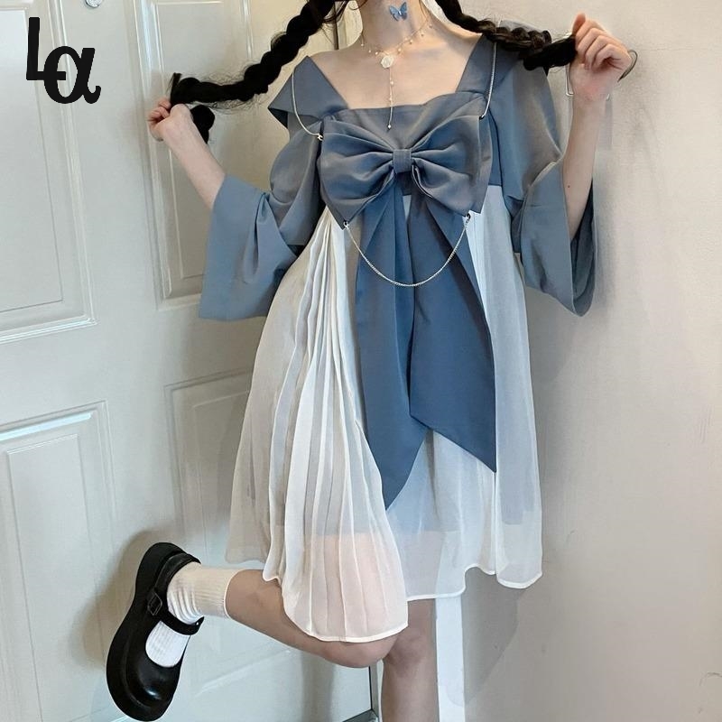 Summer Japanese Kawaii Dress Women Lolita Sweet Cute Retro Solid Bowknot Princess Fit Chic High-waisted 210519
Summer Japanese Kawaii Dress Women Lolita Sweet Cute Retro Solid Bowknot Princess Fit Chic High-waisted 210519
