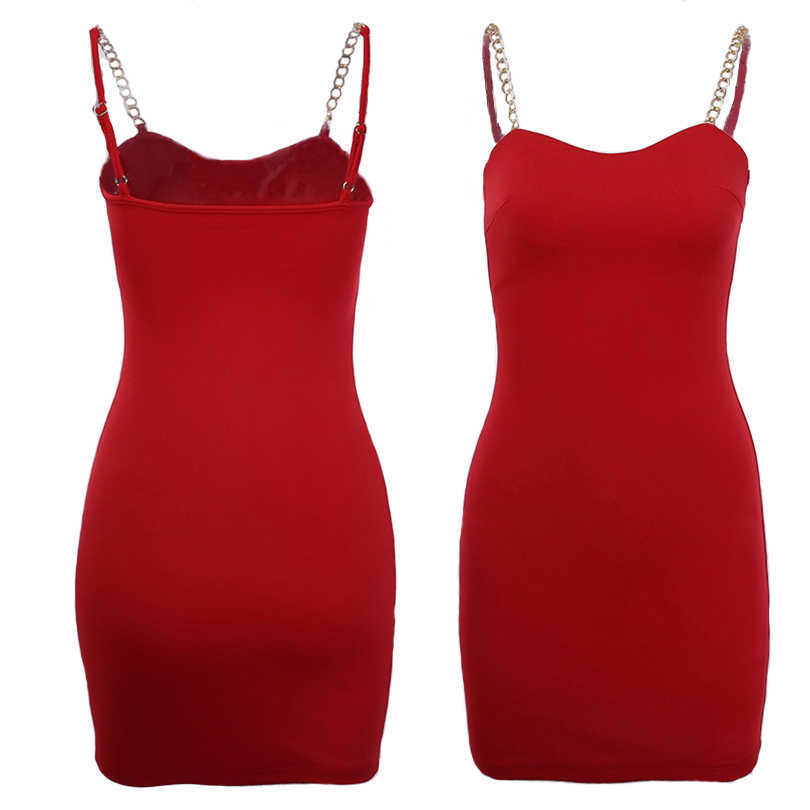 WOMENGAGA Spring Sexy Slim Elastic Thin Metal Chain Low Chest Slash Neck Solid Color Spaghetti Strap Tank Mini Dress 1D 210603