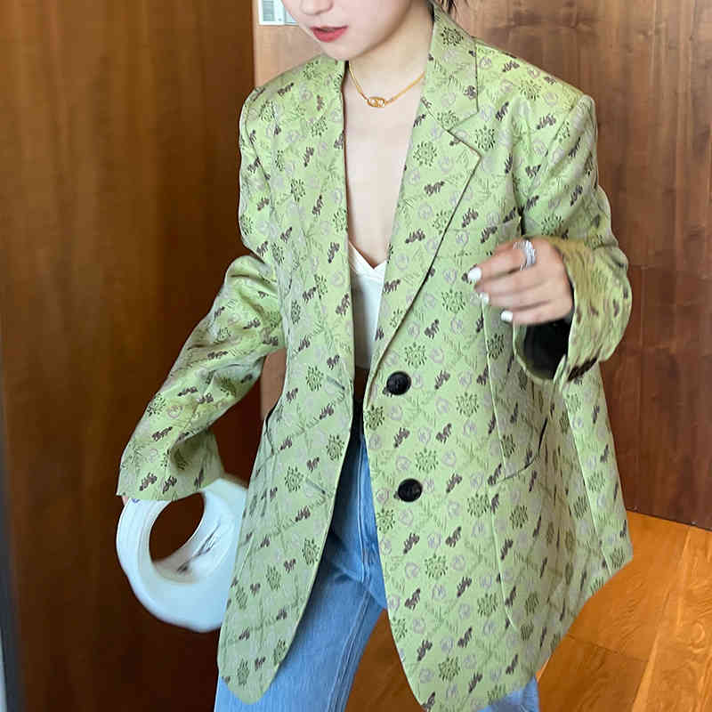 temperament Green Jacquard blazer women's spring autumn notched loose single breasted long sleeve suit coat 210427