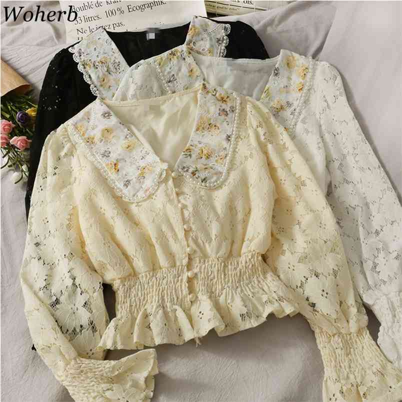 Elegant Lace Patchwork Hollow Out Blouse Women Peter Pan Collar Long Sleeve Cropped Blusas Spring Summer Shirt 210519