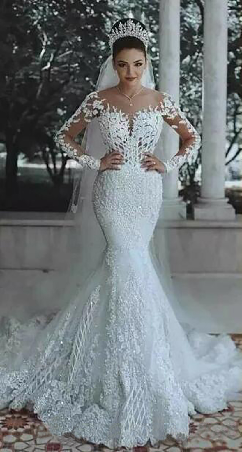 Modern New Romantic Gorgeous Long Sleeve Mermaid Wedding Dresses Beading Lace Princess Bridal Gown Custom Made Appliques See Through