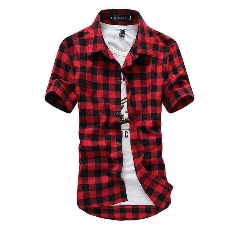 Mens Check Shirt Flannel Brushed Cotton Short Sleeves Casual Slim Fit Top Plus Size 210701
