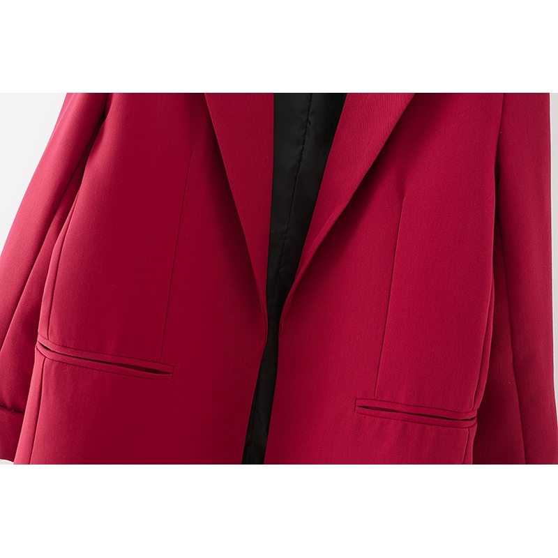 Elegant Women Chic Solid Red Blazer Fashion Ladies Pocket Jacket Streetwear Female Causal Notched Collar Cardigan 210527