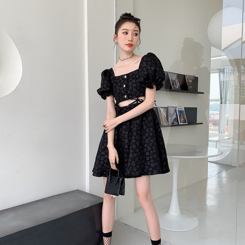 Women Hollow Out Dress Square Neck Puff Sleeve Black Printed Dresses Temperament Fit Fashion Summer 2H619 210526