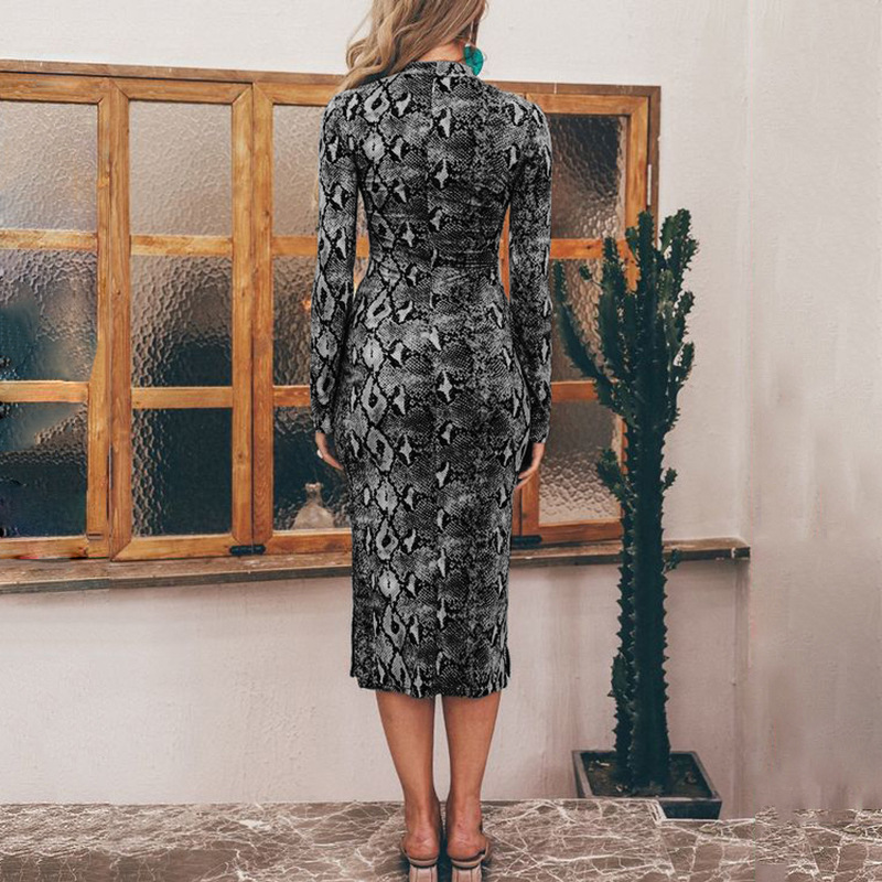 Women Dress Serpentine Printed Vintage Long Sleeve Bandage es High Waisted Split Slim Thin Summer es 210513