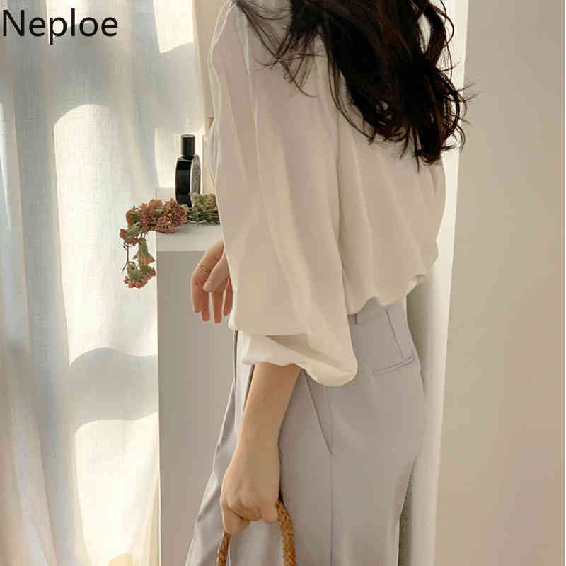 Neploe Korean Chic Women Blouses Spring Summer Casual Pleated Shirts All Match Peter Pan Collar Vintage Temperament Chiffon Tops 210422