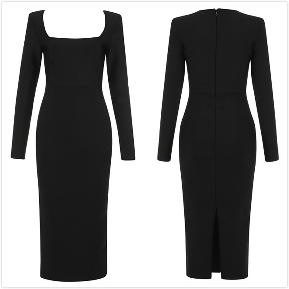 Free Autumn Women's Black Midi Bandage Dress Elegant Square Neck Long Sleeve Bodycon Club Party Vestidos 210524